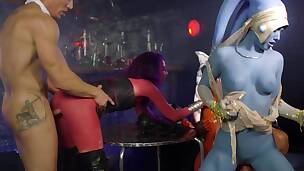 Blue and red-skinned characters of Star Wars arranged orgy