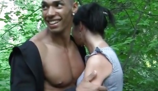 Downcast russian raven-haired fucked in the forest